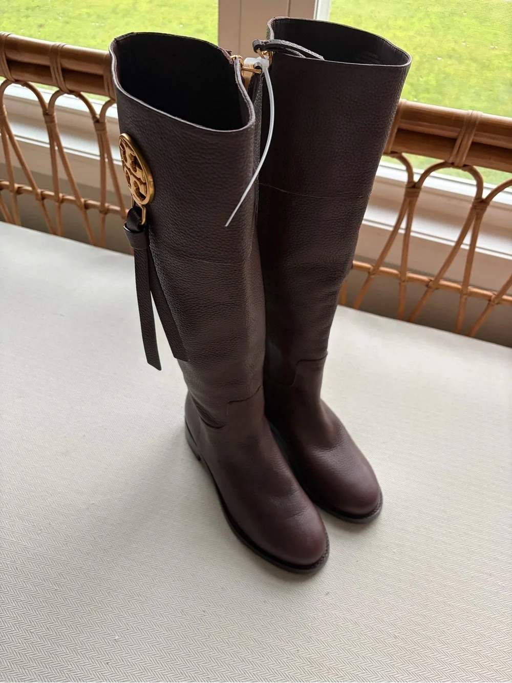 Tory Burch Pebbled Dark Brown Leather Tall Boots with Gold Hardware